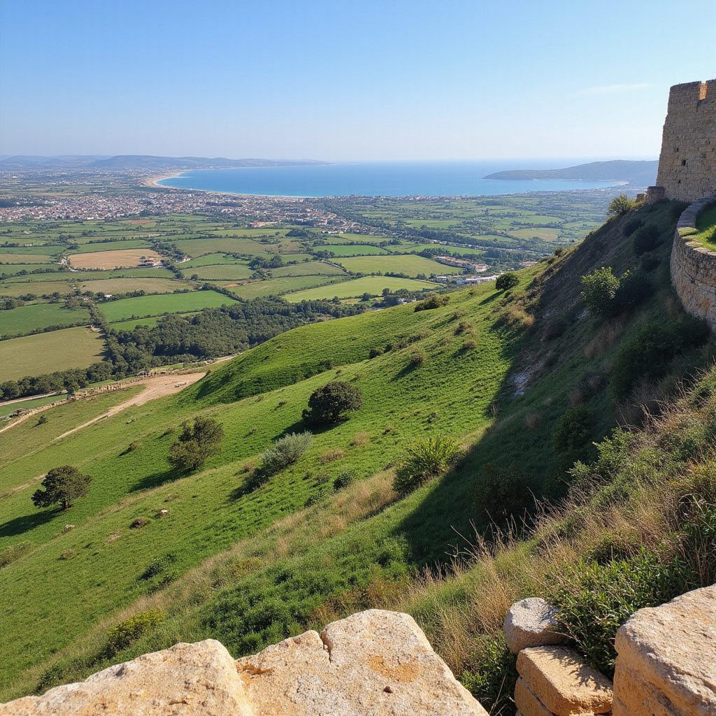 Panorama Gozo z murów Cytadeli, ukazująca zielone pola i Morze Śródziemne