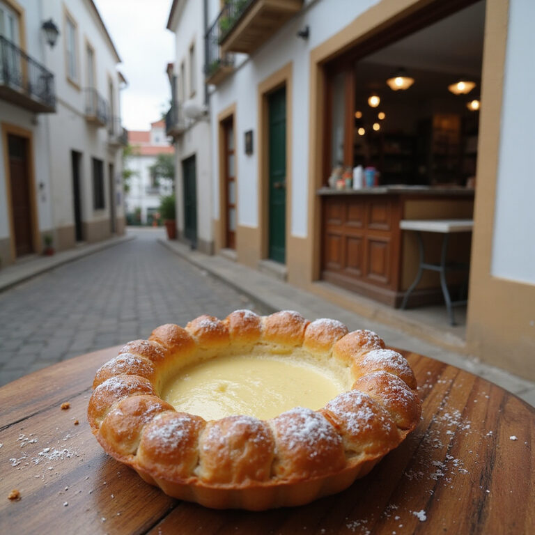 Pastel de Nata na tle uliczki w Faro z widokiem na lokalną pastelarię