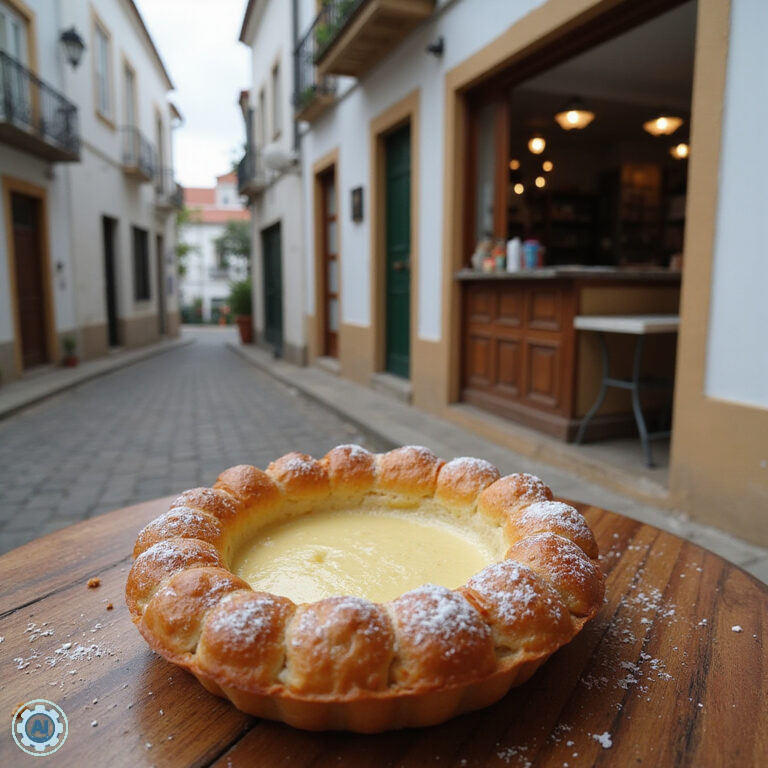 Pastel de Nata na tle uliczki w Faro z widokiem na lokalną pastelarię