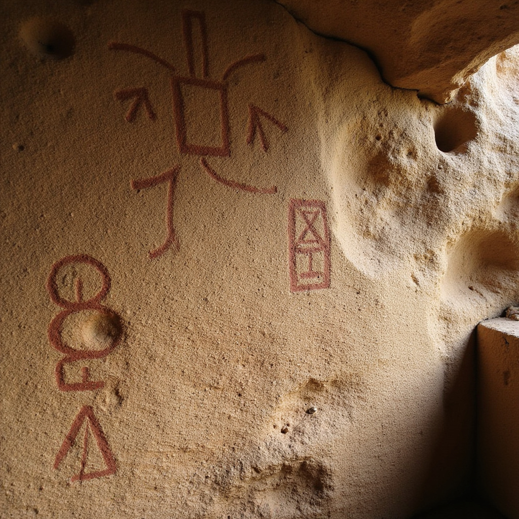 Petroglify na ścianie jaskini przedstawiające symbole kultury Taino, prekolumbijska sztuka naskalna