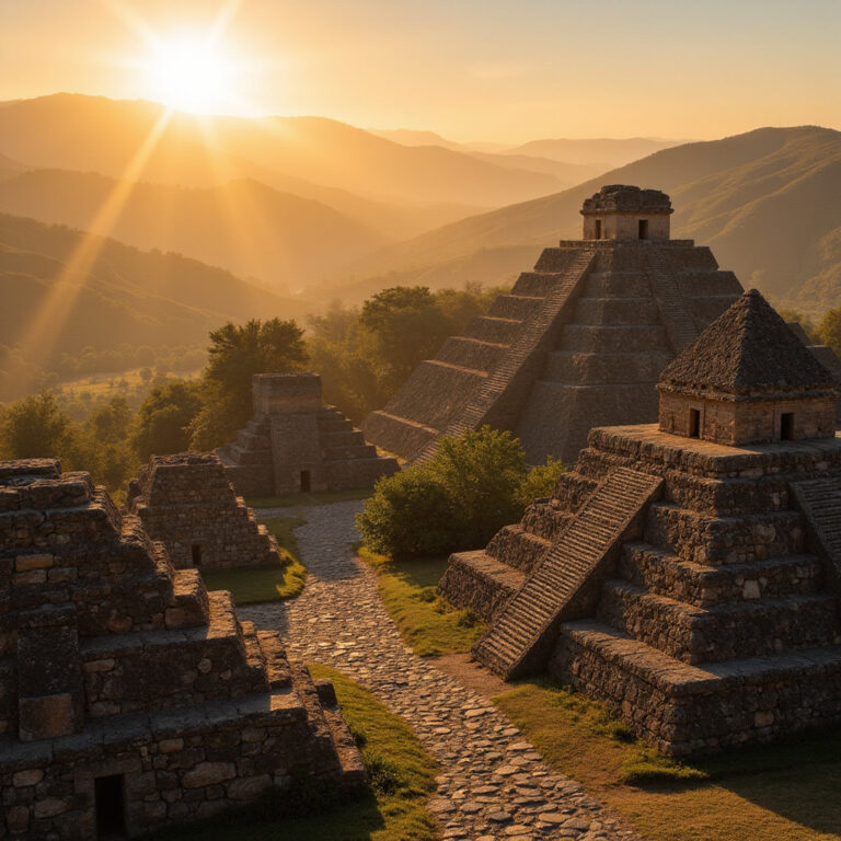 Piramidy Cañada de la Virgen w świetle wschodzącego słońca, starożytna architektura Otomi