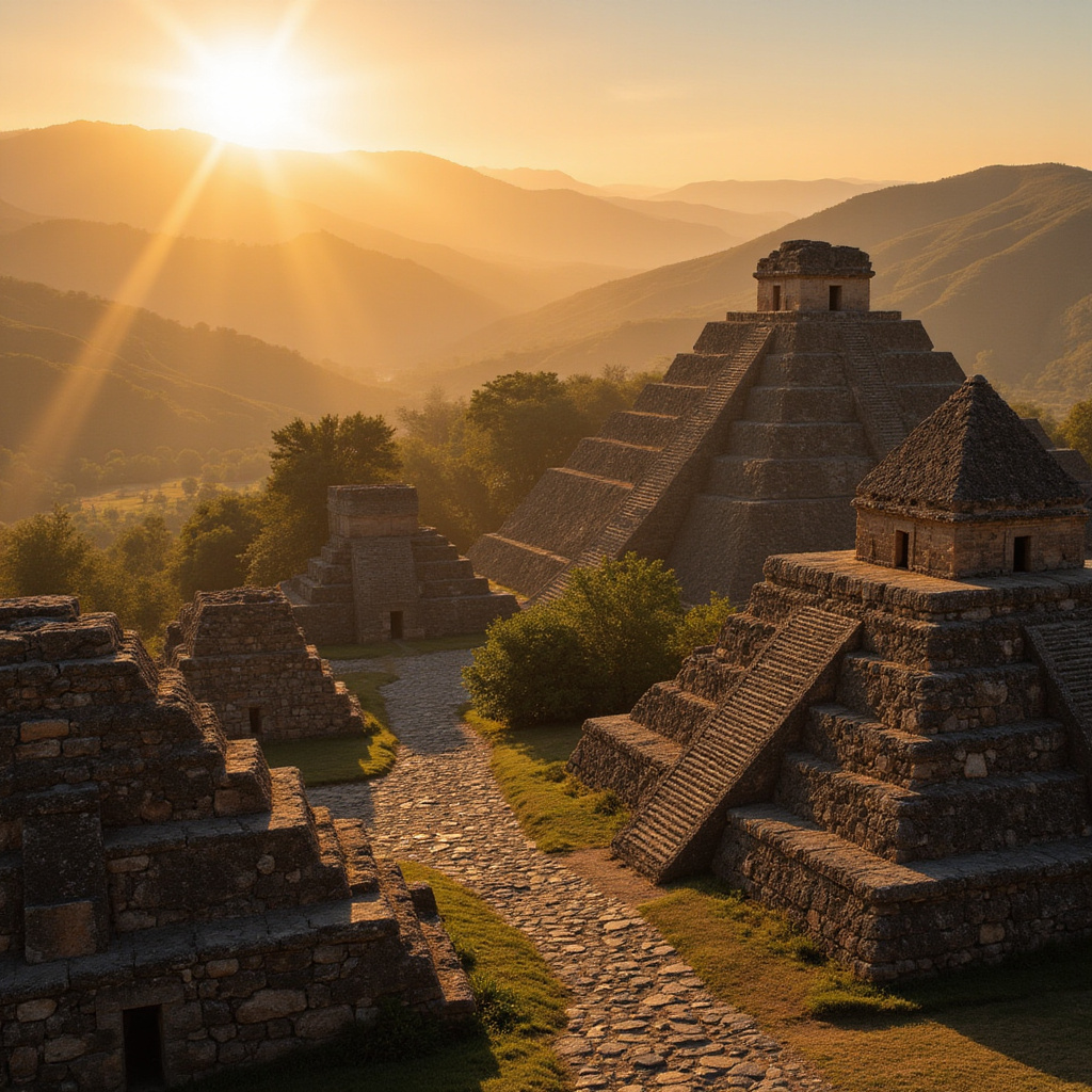 Piramidy Cañada de la Virgen w świetle wschodzącego słońca, starożytna architektura Otomi