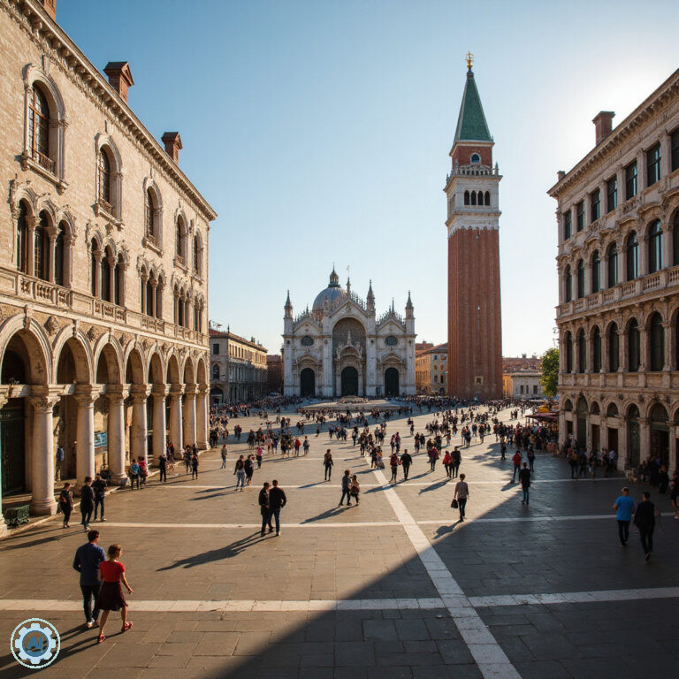 Plac Świętego Marka w Wenecji, otoczony zabytkami i tłumem turystów, główna atrakcja Wenecji