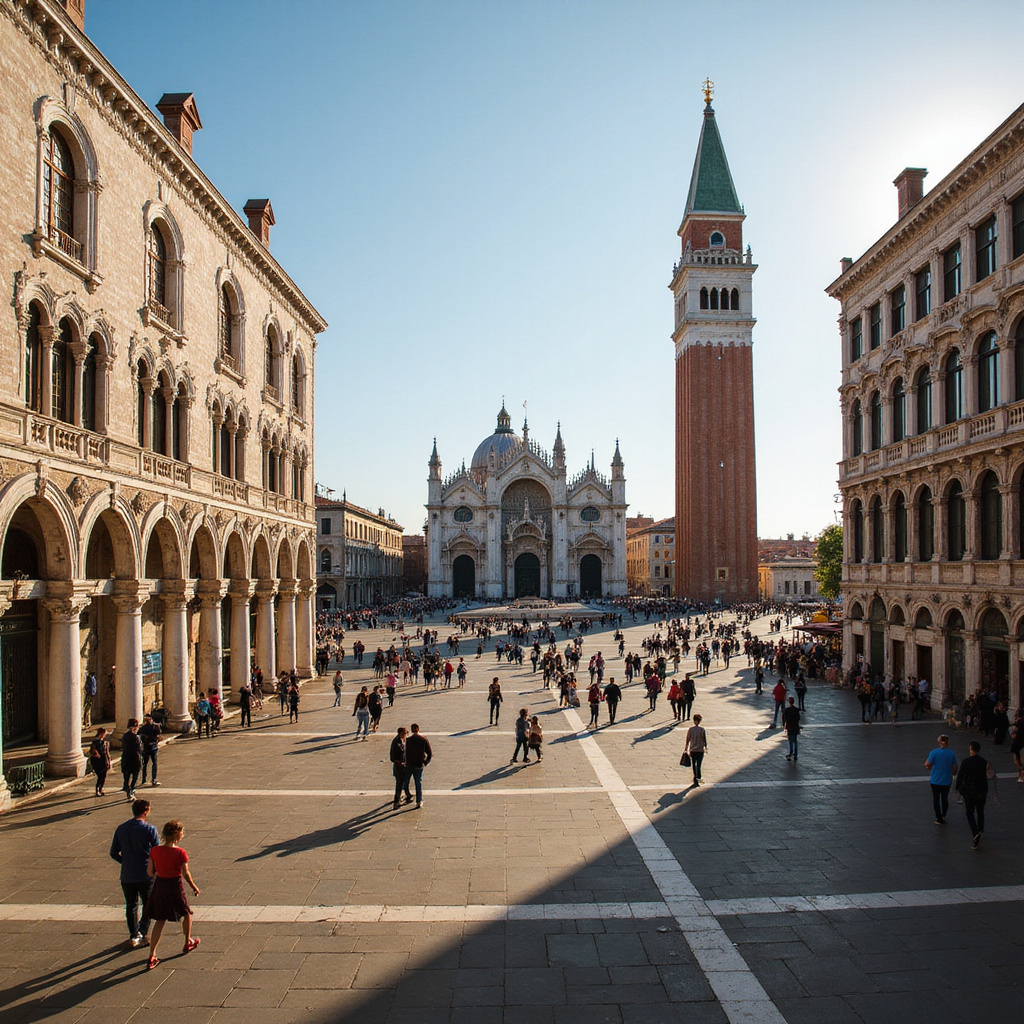 Plac Świętego Marka w Wenecji, otoczony zabytkami i tłumem turystów, główna atrakcja Wenecji