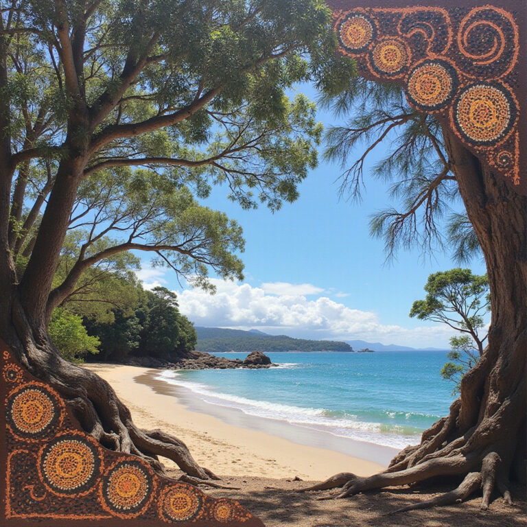 Widok na plażę Burleigh Heads z tradycyjnymi symbolami Aborygenów w tle