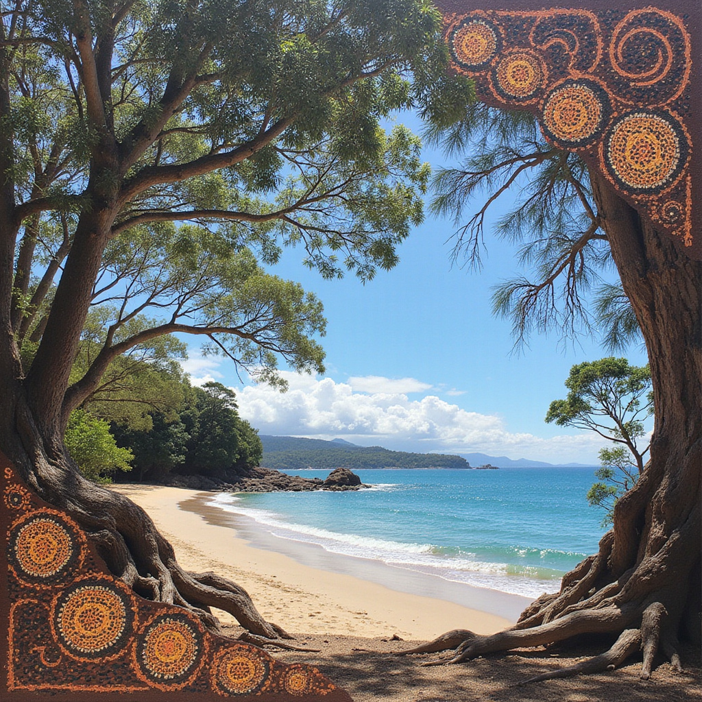 Widok na plażę Burleigh Heads z tradycyjnymi symbolami Aborygenów w tle