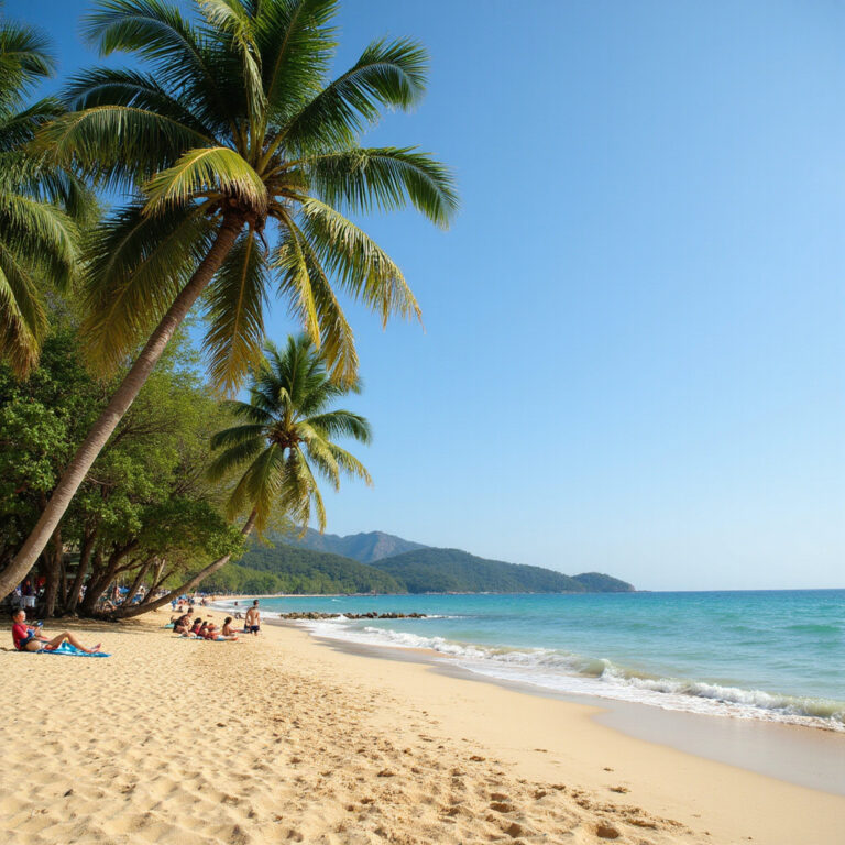 Plaża w Nha Trang z palmami i turystami odpoczywającymi na piasku
