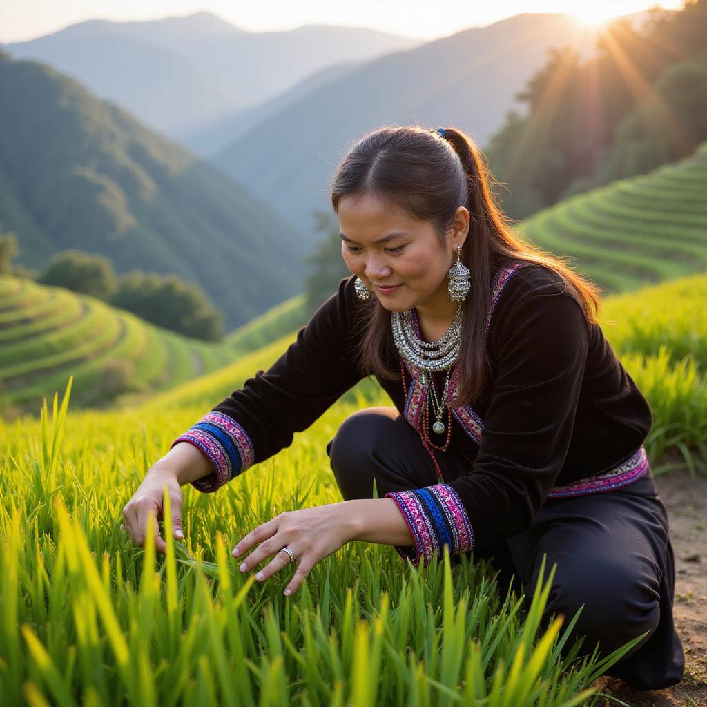 Kobieta z plemienia Hmong pracująca na tarasie ryżowym