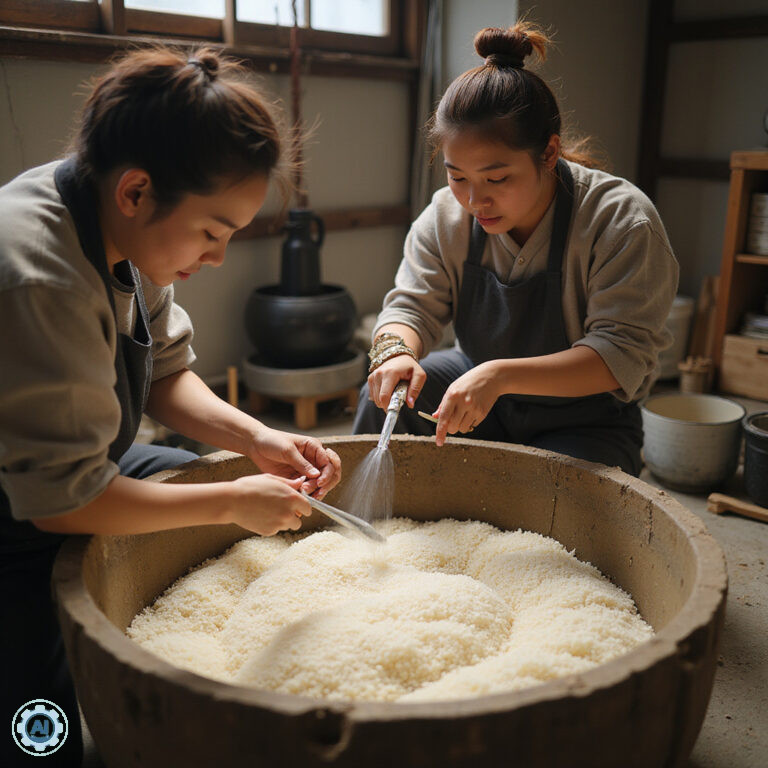 Tradycyjna produkcja sake w regionie Nada z użyciem wody Miyamizu i ryżu Shinpaku