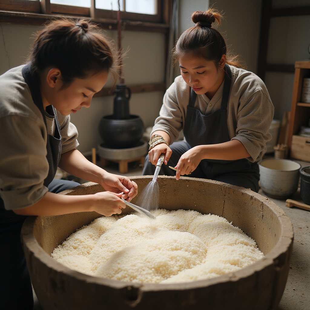 Tradycyjna produkcja sake w regionie Nada z użyciem wody Miyamizu i ryżu Shinpaku