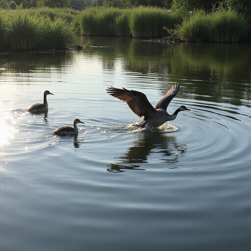 Ptaki wodne na tle laguny Dzelzava w Ventspils