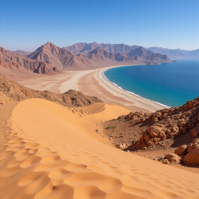 Pustynny krajobraz Wadi El Gemal z widokiem na Morze Czerwone