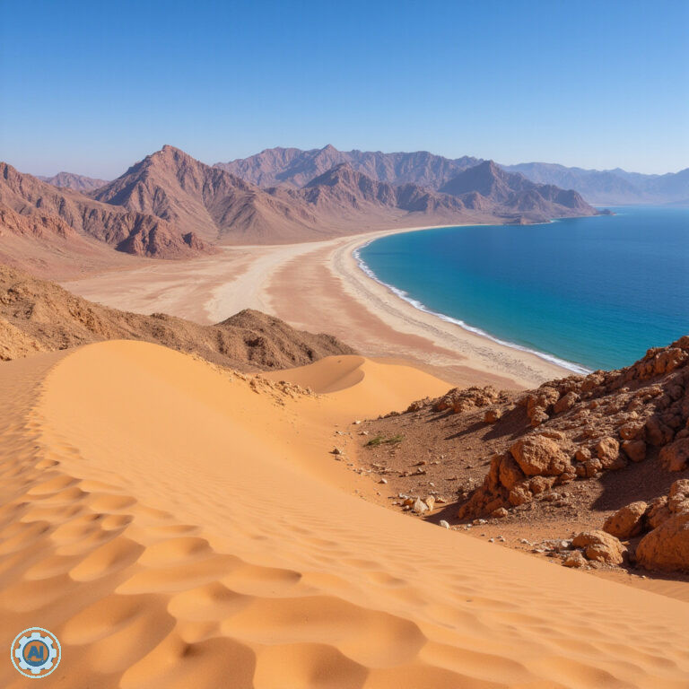 Pustynny krajobraz Wadi El Gemal z widokiem na Morze Czerwone
