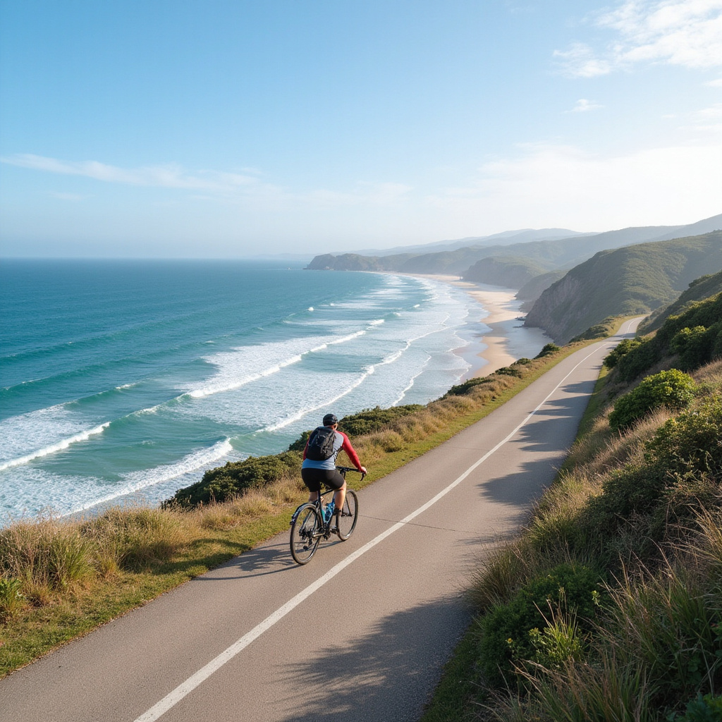 Rowerzysta pedałujący wzdłuż plaży La Concha w San Sebastián, malownicza trasa rowerowa z widokiem na ocean