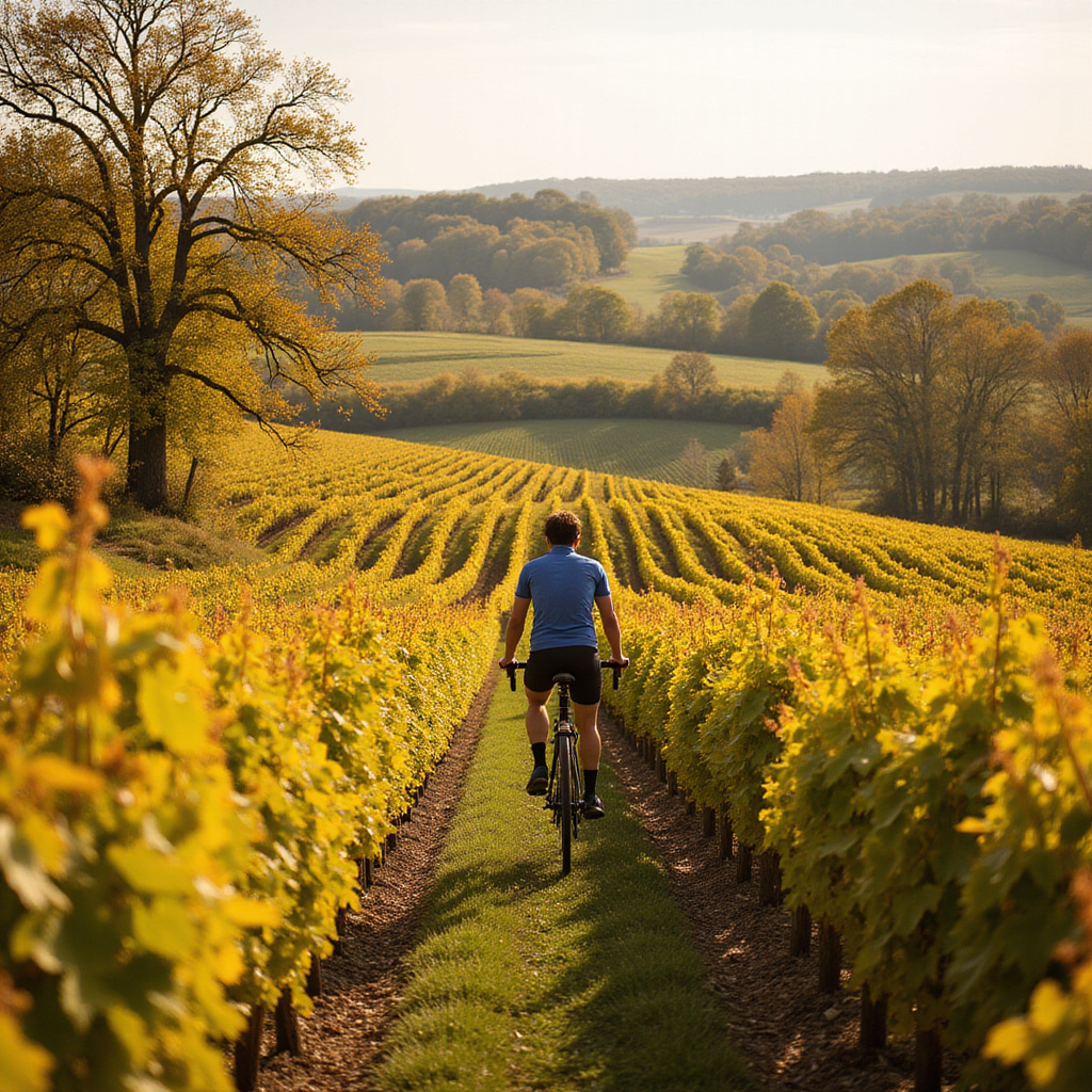 Rowerzysta wśród złocistych winnic Alzacji, słoneczny dzień, wino