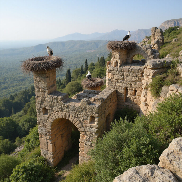 Ruiny Chellah z widokiem na gniazda bocianów i bujną roślinność