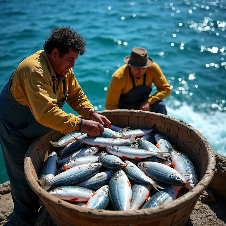 Rybołówstwo w Kadyksie - rybacy przy pracy na tle błękitnego Atlantyku