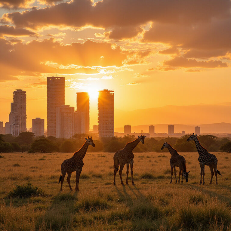 Safari w Nairobi National Park z żyrafami i wieżowcami w tle