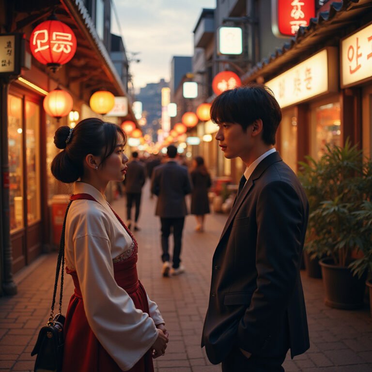 Scena z k-dramy na tle ulicy w Seulu