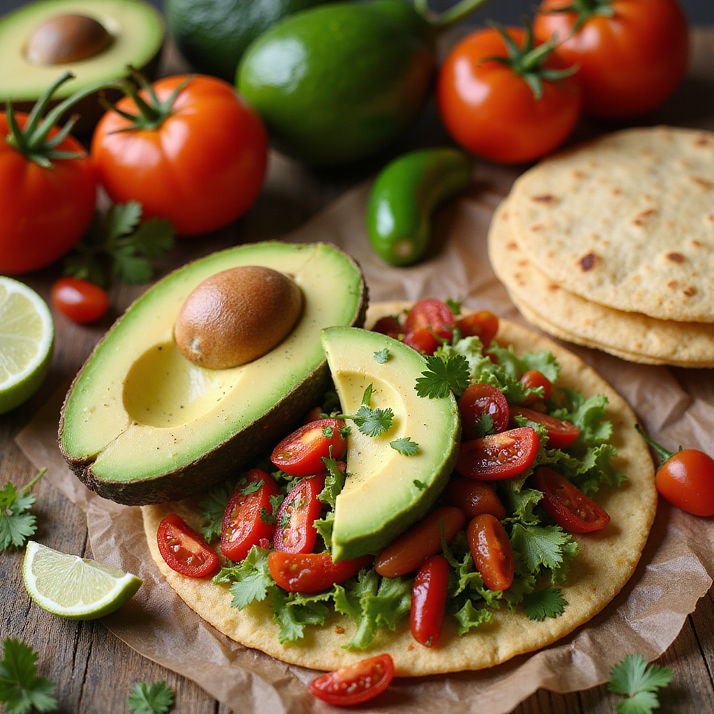 Kolorowe składniki meksykańskich śniadań: awokado, pomidory, papryczki i tortille