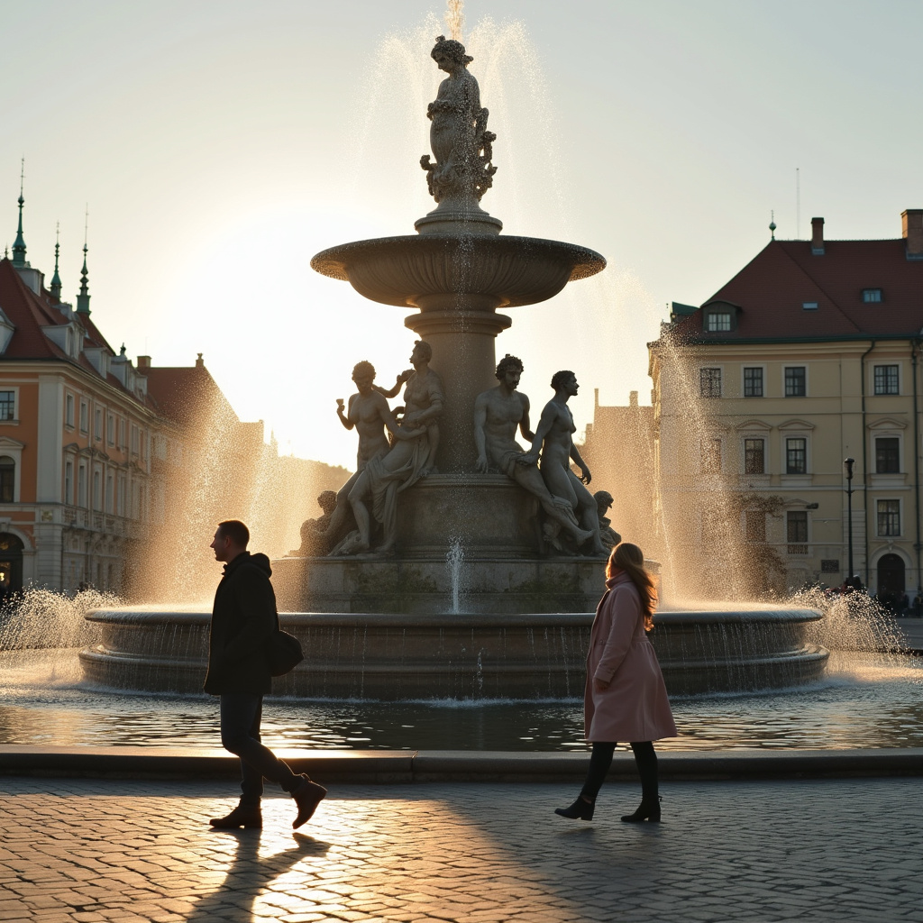 Spacerująca para obok fontanny Neptuna w Olomoucu