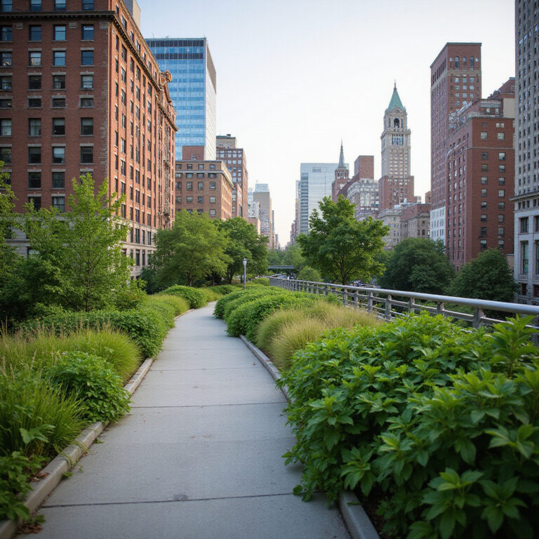 Spacer po High Line w Nowym Jorku z widokiem na zieloną roślinność i miejski krajobraz