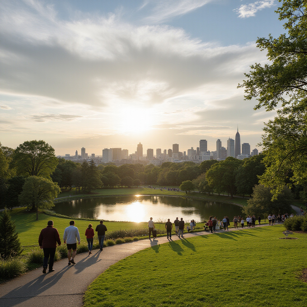 spacerujacy ludzie w parku Ohori z jeziorem i panoramą miasta