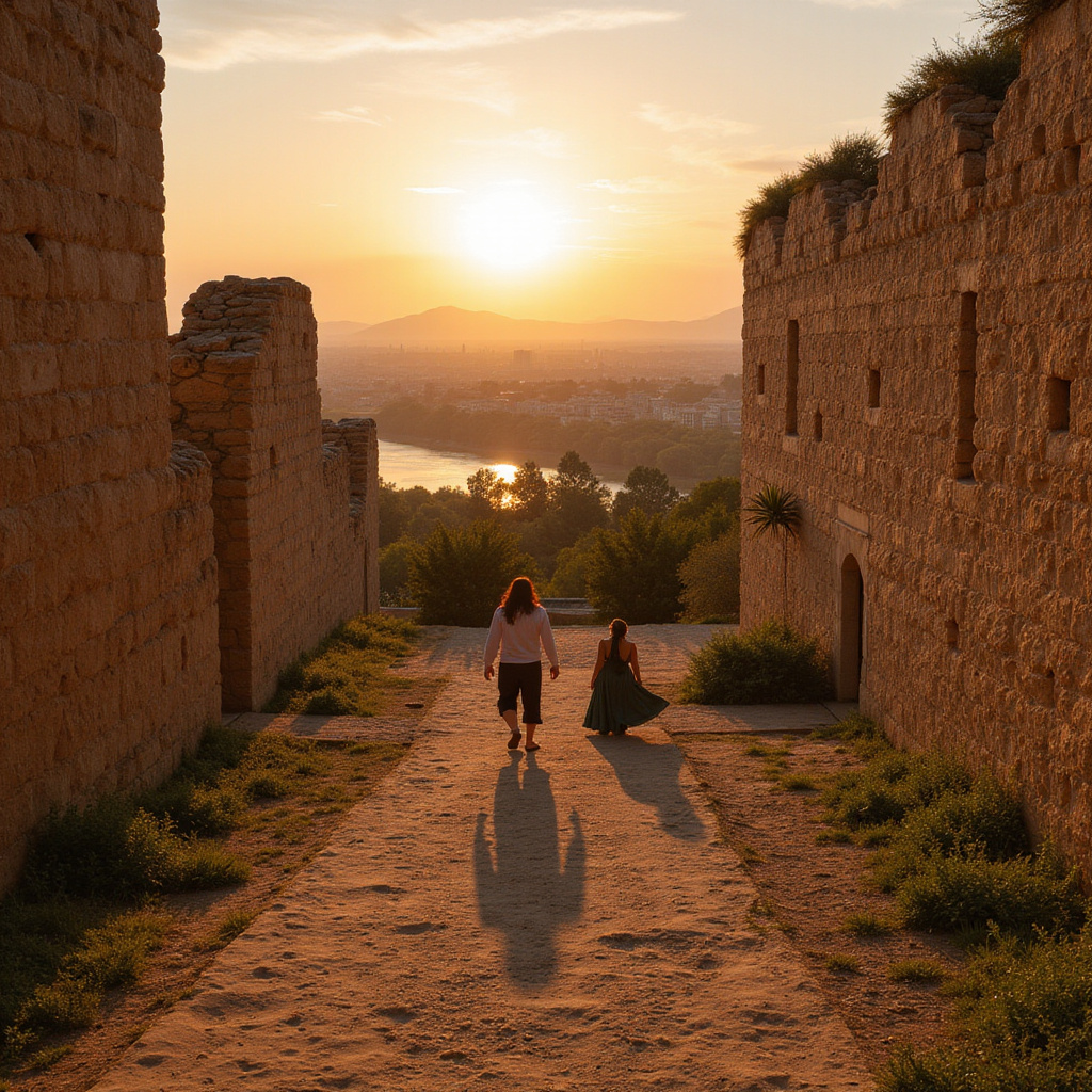 Spacerująca para wśród starożytnych murów Chellah z widokiem na rzekę Bou Regreg