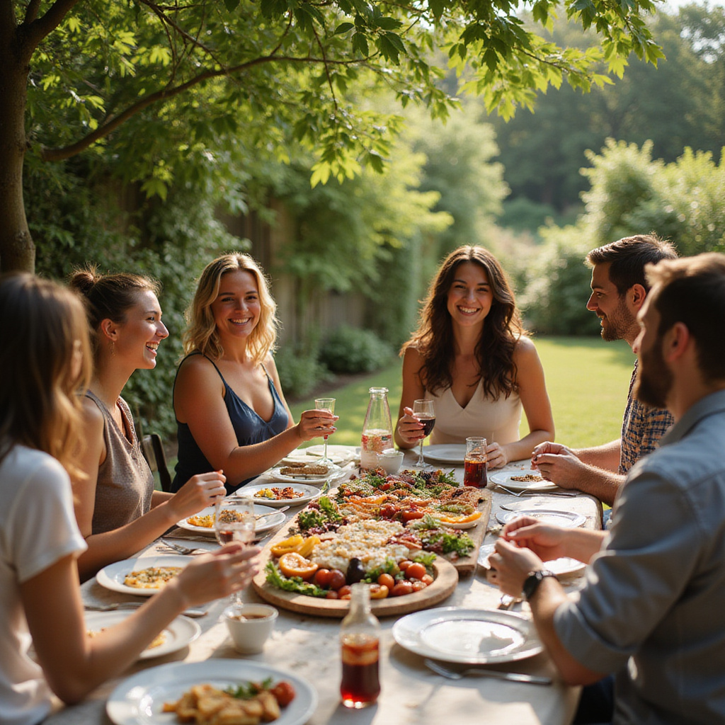 grupa osób dzieląca się meze przy stole w ogrodzie