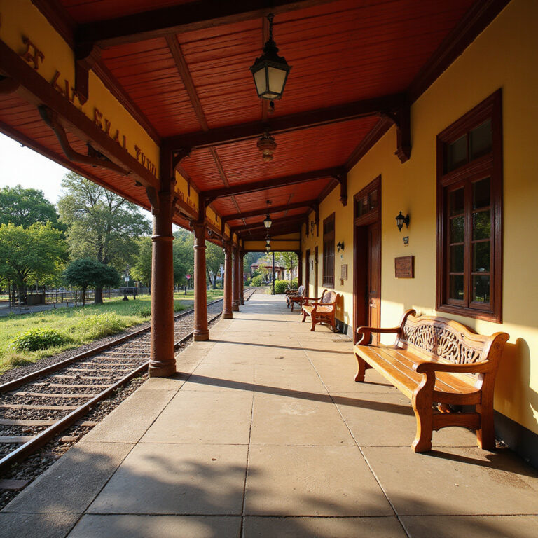 Stacja kolejowa Hua Hin z drewnianymi ławkami i czerwonym dachem