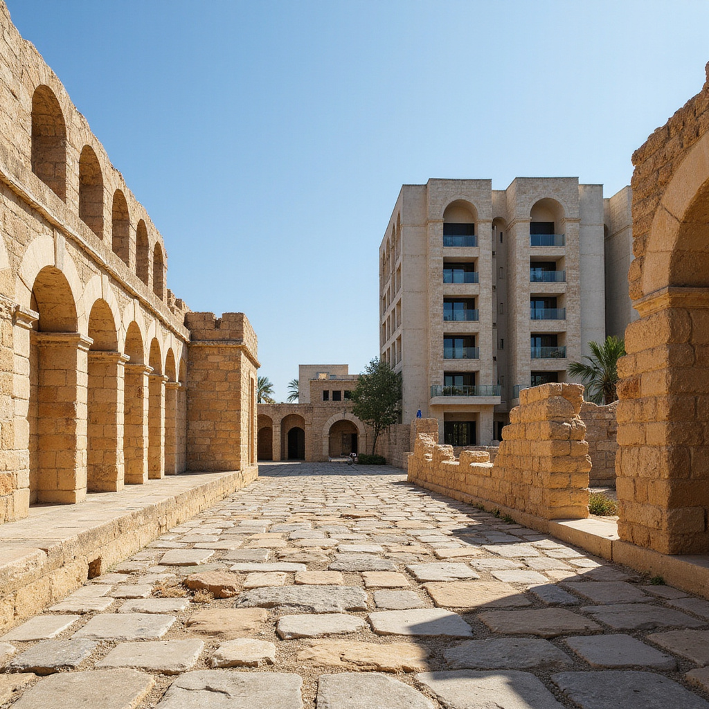 Starożytne ruiny w pobliżu współczesnych zabudowań Hammamet