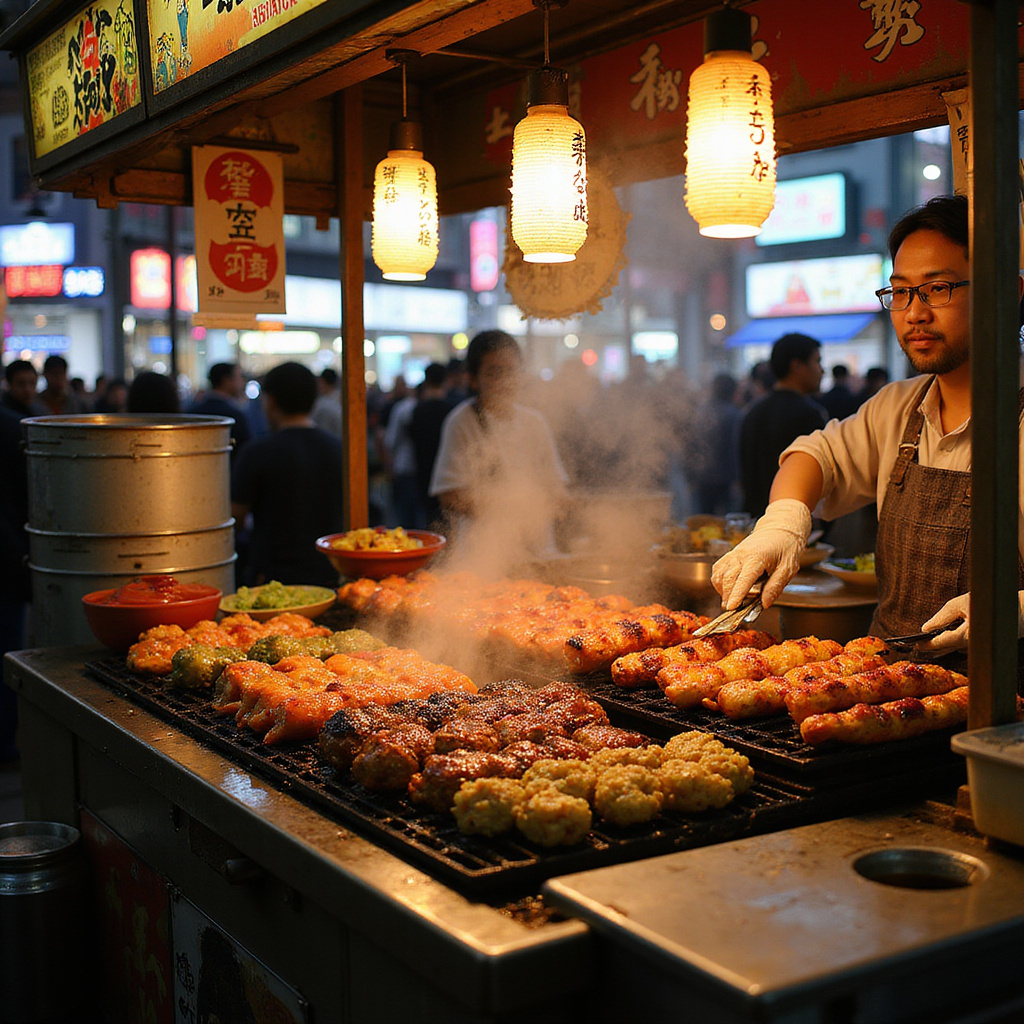 Stoisko z street foodem w Nankinmachi, aromatyczne jedzenie i lokalna atmosfera