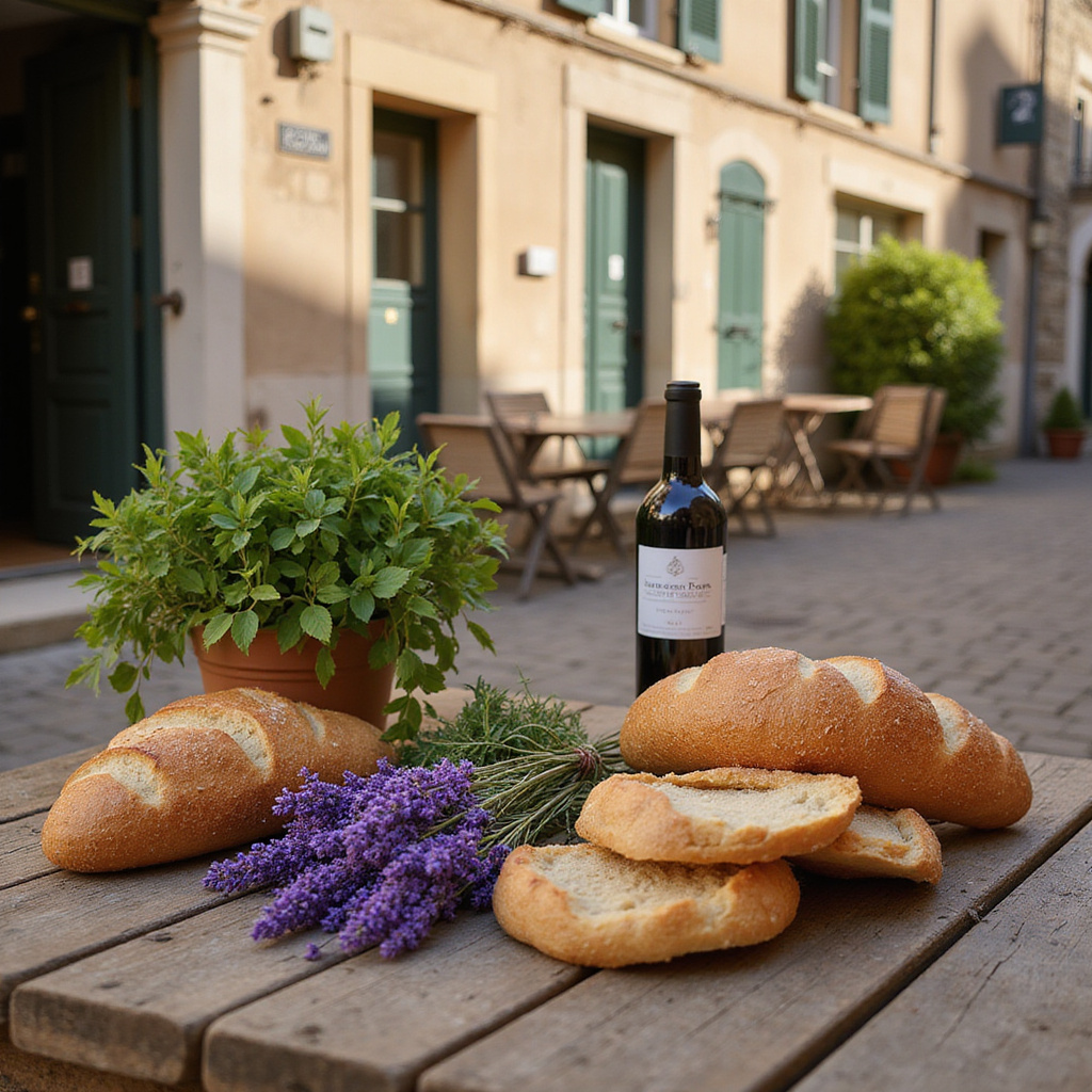 Stolik z prowansalskimi przysmakami na tle kamienic w Marsylii