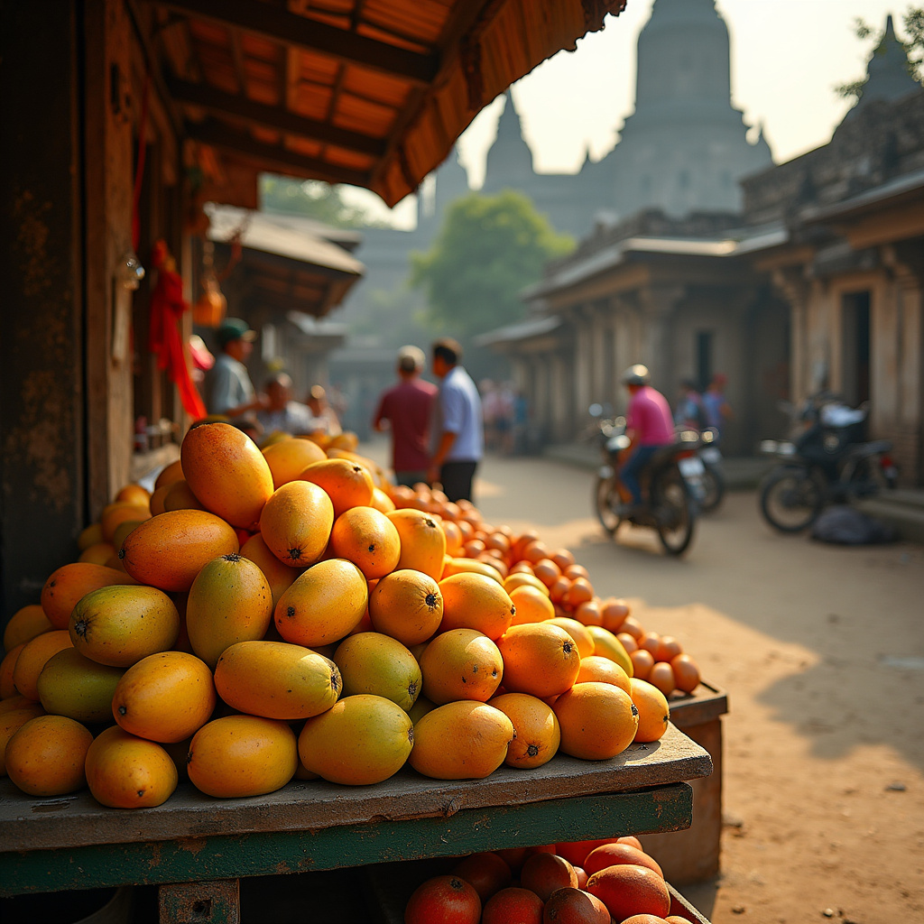 stragan z mango i mangostanem na tle historycznych ruin Ayutthaya
