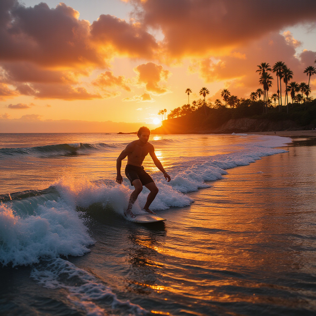 Turysta na plaży Cosón z deską do surfingu