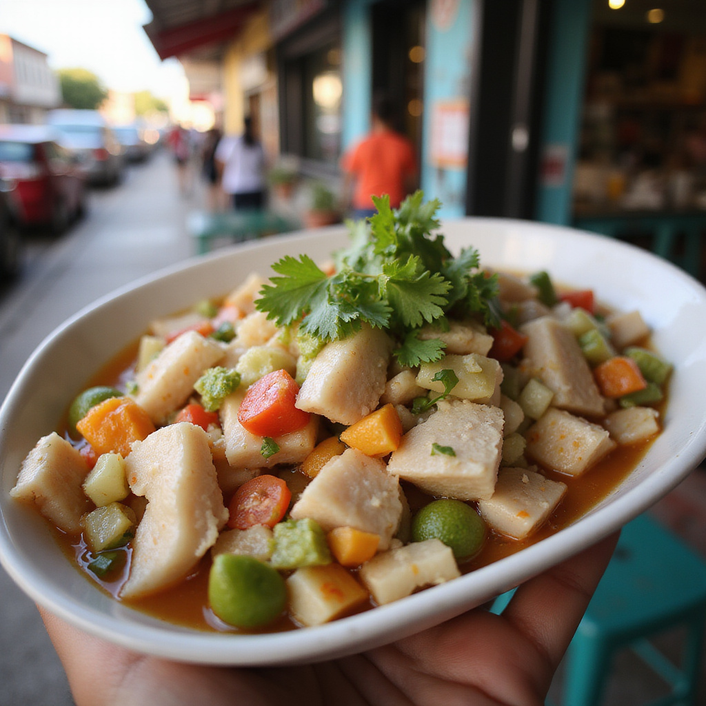 Świeże ceviche z białej ryby i limonki na ulicy w Playa del Carmen