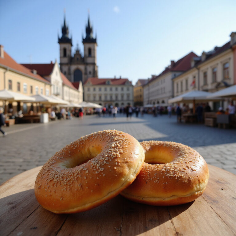 Świeże obwarzanki krakowskie na tle Rynku Głównego w Krakowie, tradycyjne pieczywo