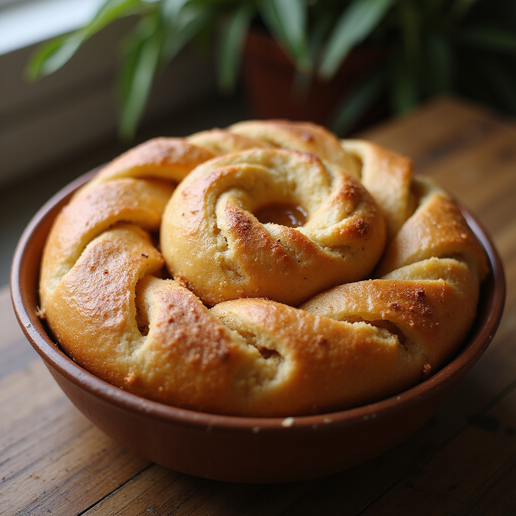 Świeżo upieczone kalitsounia z miodem i cynamonem na ceramicznej misce