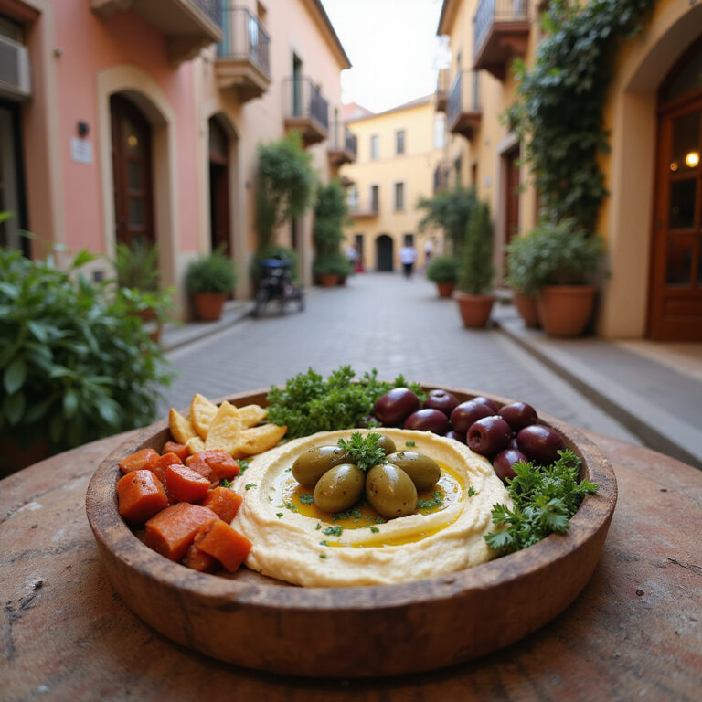 taca z meze z hummusem i oliwkami na tle śródziemnomorskiej ulicy