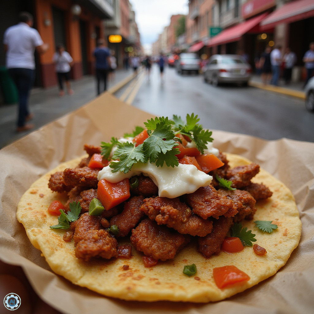 Taco al pastor z chrupiÄ
cym miÄsem i ĆwieĆŒymi dodatkami na ulicy w Meksyku