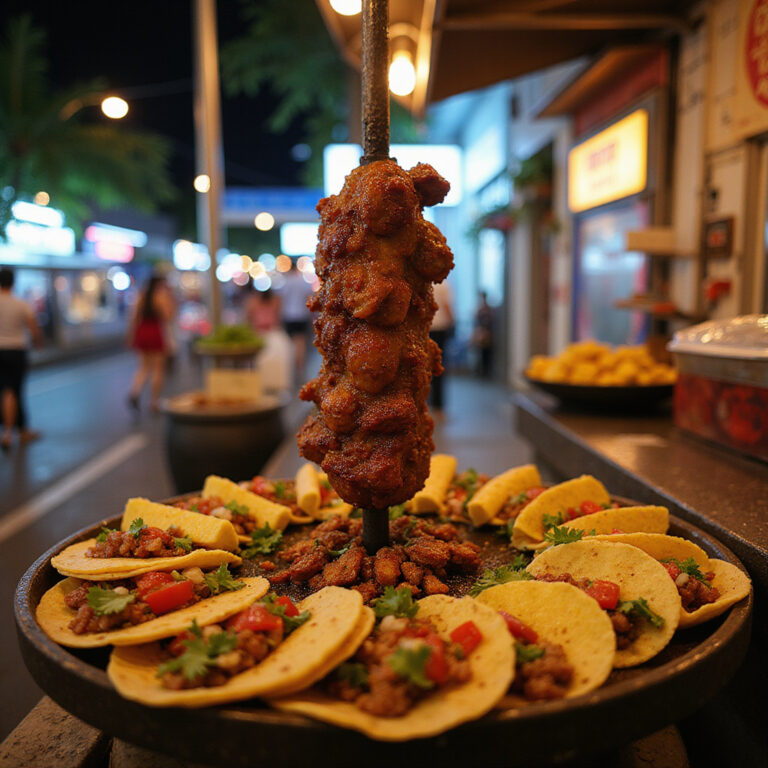 Tradycyjne tacos al pastor na ulicy w Playa del Carmen, meksykańska kuchnia uliczna