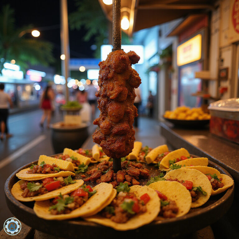 Tradycyjne tacos al pastor na ulicy w Playa del Carmen, meksykańska kuchnia uliczna
