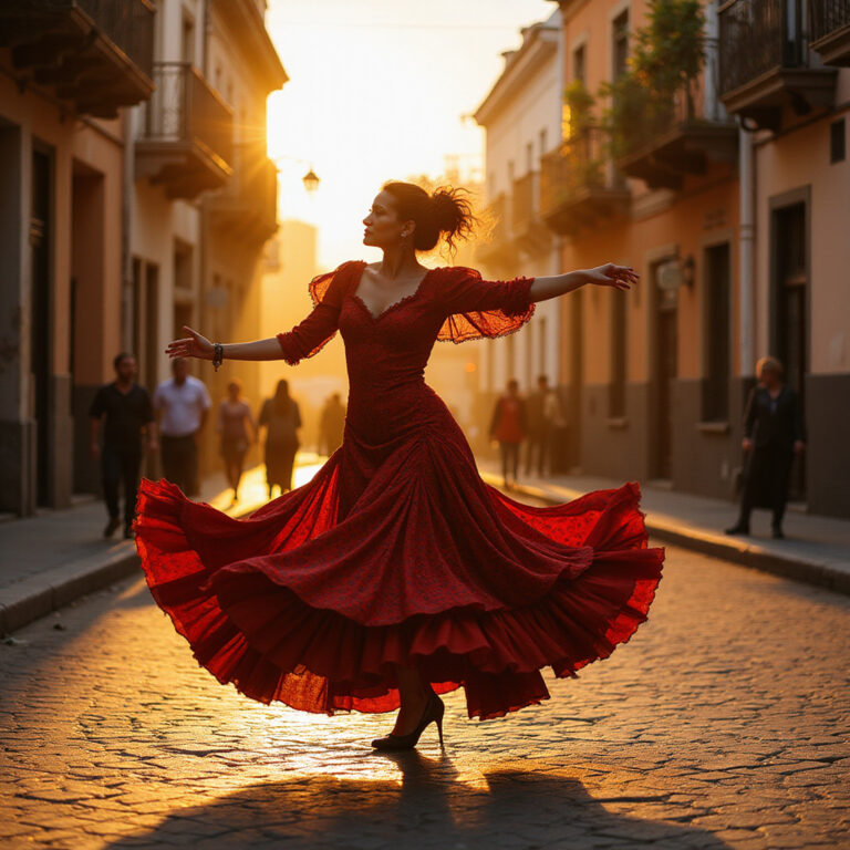 Tancerka flamenco na ulicy w Sewilli, emocje i pasja w każdym ruchu