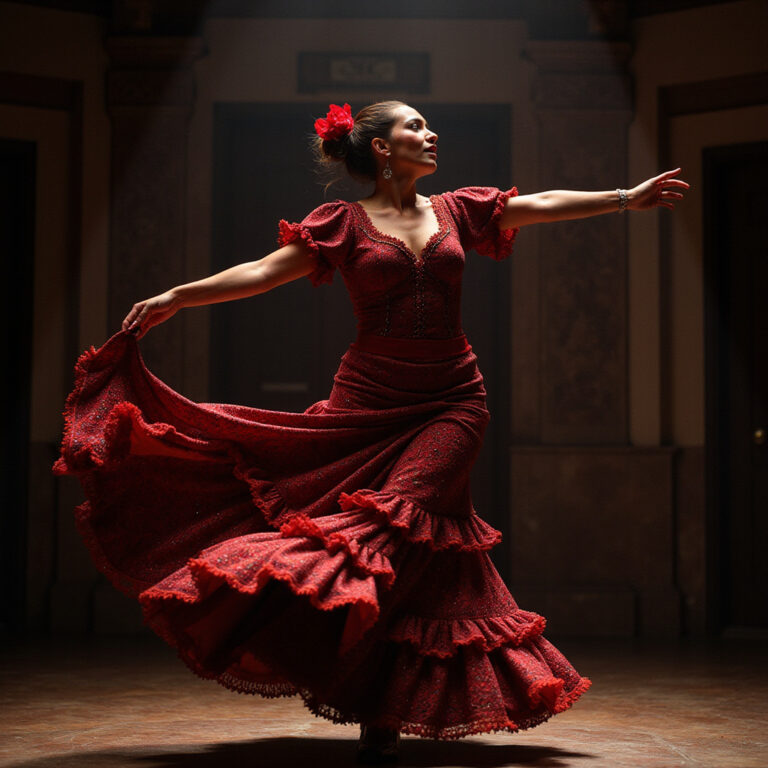 Tancerka flamenco w Sewilli, emocjonalny występ w tradycyjnej sukni