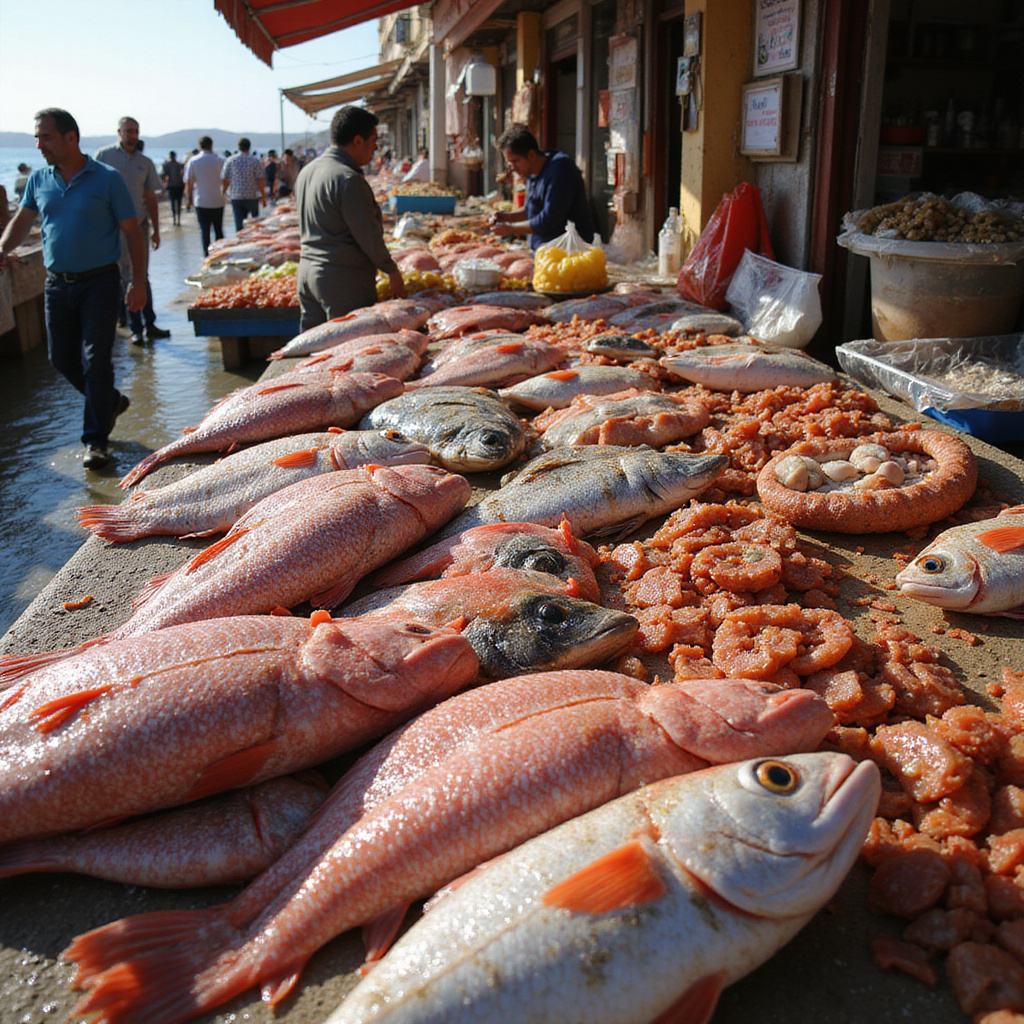Świeże owoce morza na targu w Sousse, kolorowe stragany z rybami