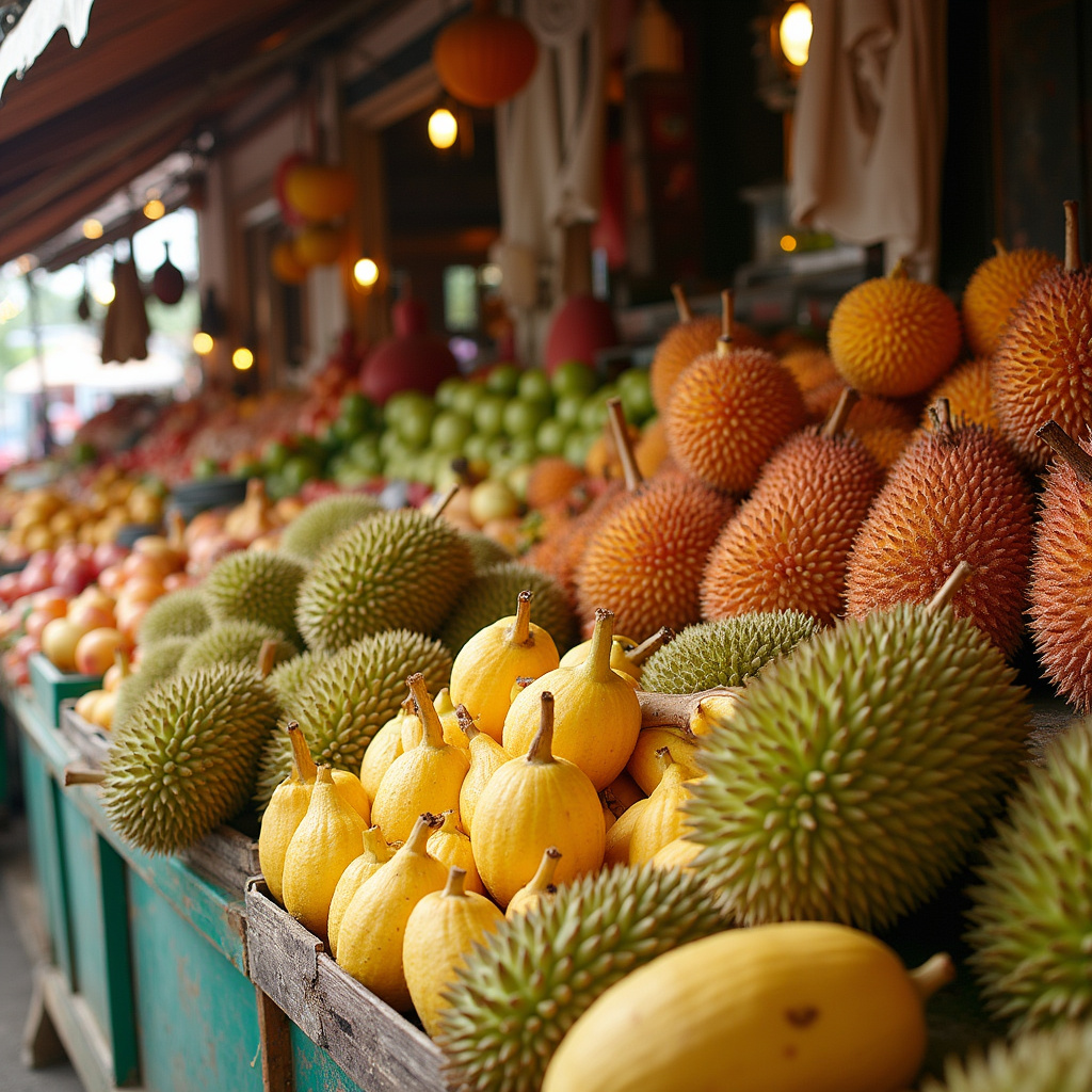 targ owocowy w Ayutthaya z durianem i longanem, egzotyczne owoce Tajlandii