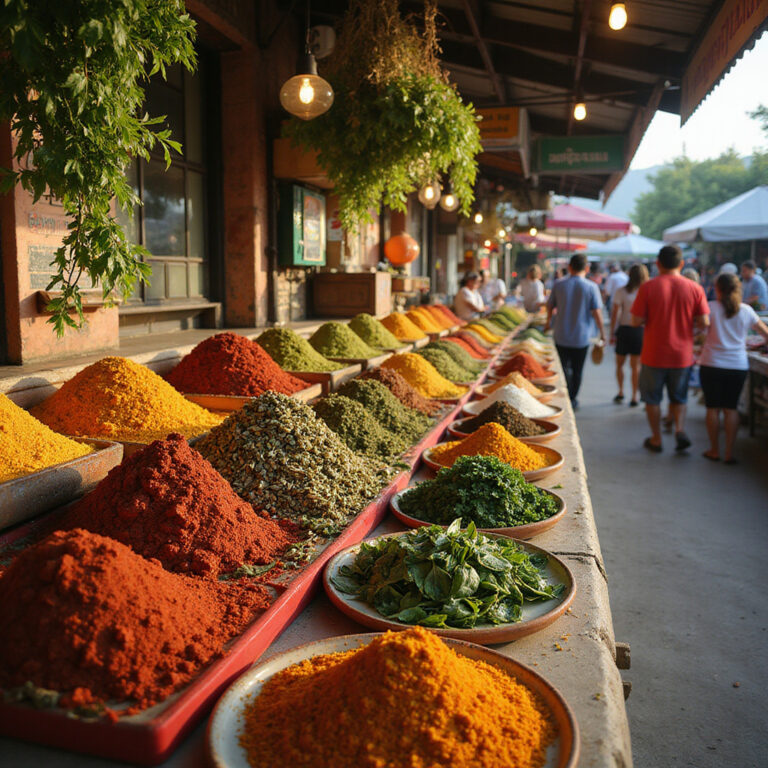 Targ przypraw na Koh Samui z kolorowymi stoiskami i świeżymi ziołami