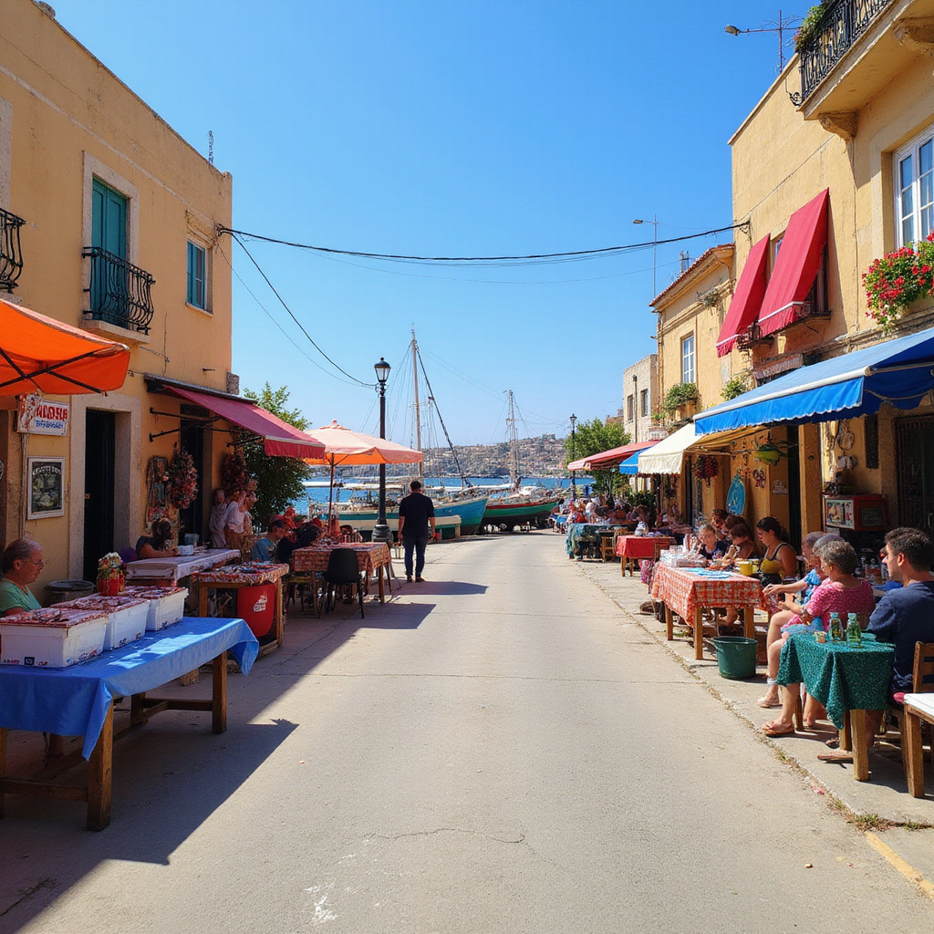 Ulica w Marsaxlokk z widokiem na targ rybny i lokalne stragany