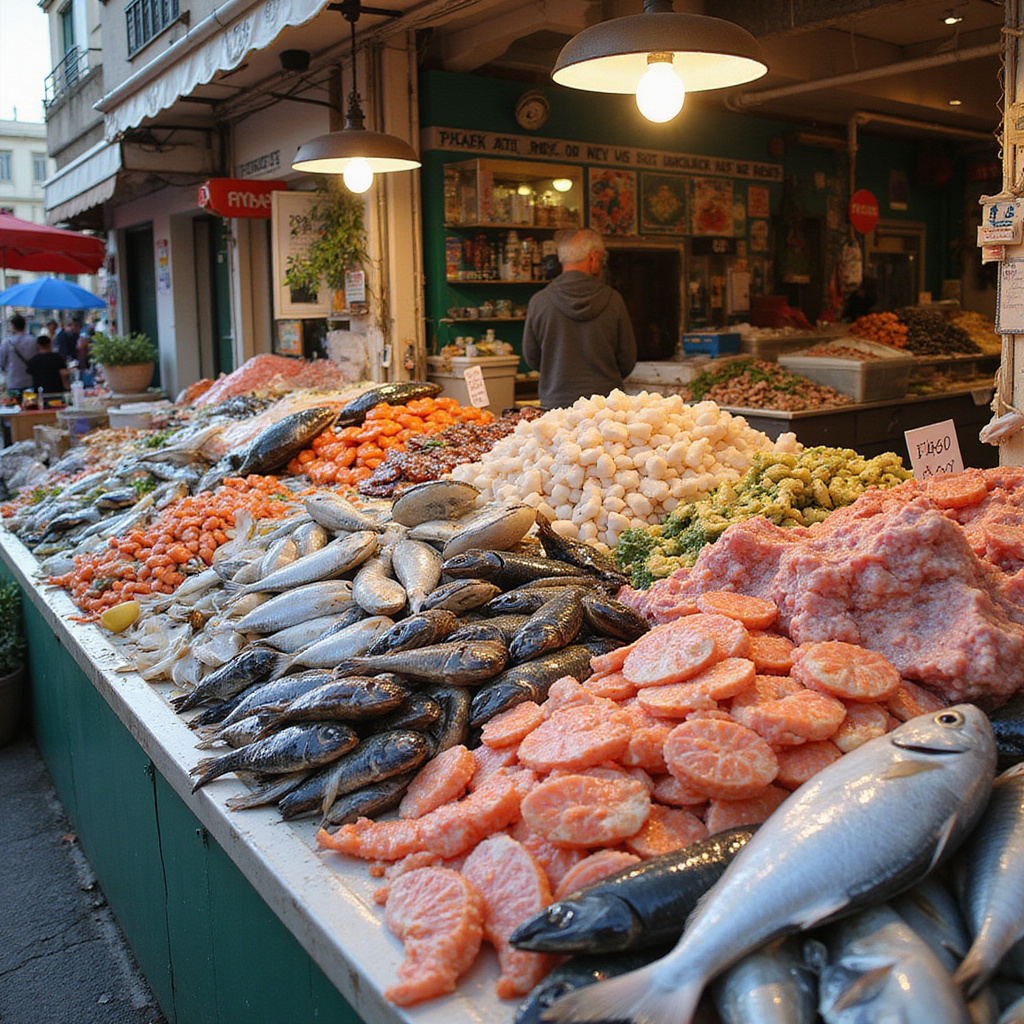 Targ rybny w Pireusie z owocami morza i świeżymi rybami