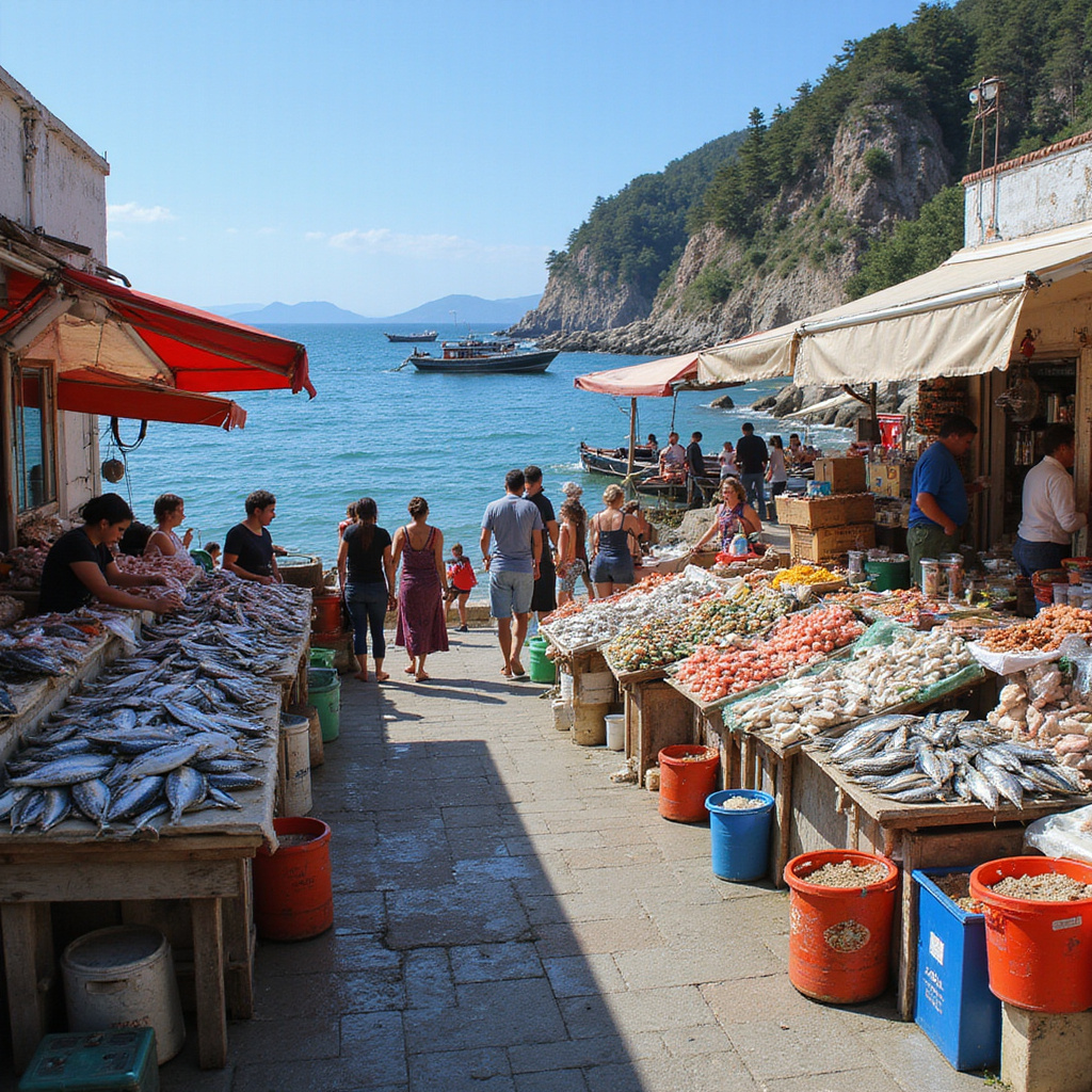 targ rybny na wyspie ze świeżymi owocami morza i lokalnymi produktami